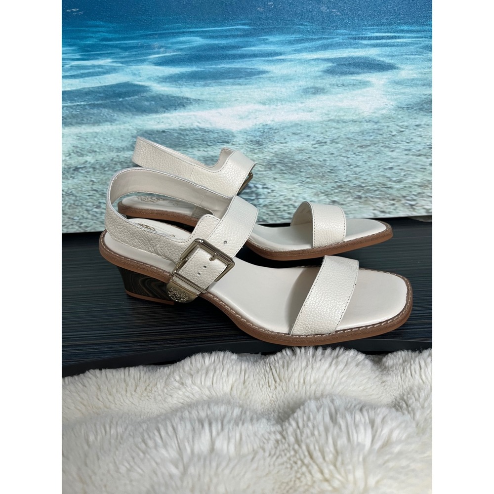 👟Vince Camuto Women White Pebbled Leather Gold Block Heel Buckle Sandals Size11 - Picture 5 of 11
